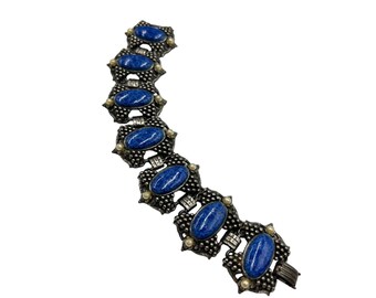 Vintage Bracelet Wide Panels Antiqued Silver Tone Blue Cabochons Older Design