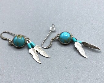 Sterling Silver Native American Feather Earrings Turquoise Stone Drops Dangles