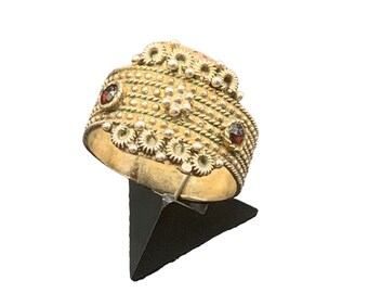 Ethnic Sterling Silver Ring With Garnets Red Stone Textured Band Adjustable Size