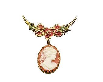 Vintage Romantic Faux Cameo Pin Brooch Floral Crescent Moon Resin Cameo Dangle