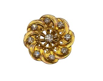 Antique Victorian Gold Plated Floral Brooch Clear Rhinestone Round Small C Clasp