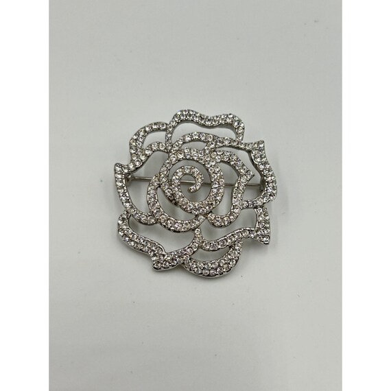 Vintage Rhinestone Pave Rose Flower Pin Brooch Si… - image 3