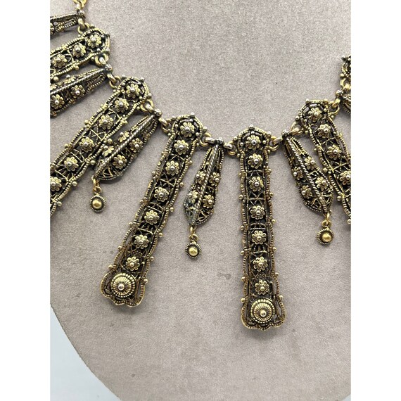 Statement Necklace Antiqued Gold Tone Bib Style E… - image 7