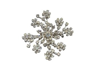 Vintage Rhinestone Brooch Layered Silver Tone Clear Glass Stones Snowflake Pin