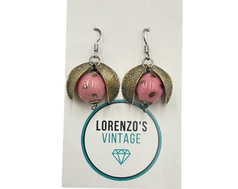 Vintage Pink Berries Earrings Polka Dot Sterling Silver Gold Overlay Hook Dangle