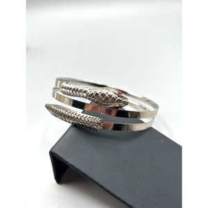 May include: Silver snake bracelet with a red stone eye. The bracelet is made of two thin bands of metal that wrap around the wrist. The snake is coiled around the bands.