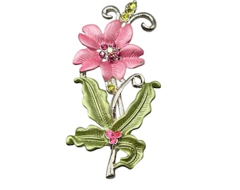 Pink Flower Pin Brooch With Aurora Borealis Rhinestones Pink And Green Enamel