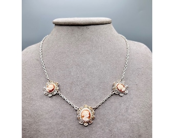 Sterling Silver Cameo Necklace 3 Carved Shell Cameos Made in Italy 925 Dainty