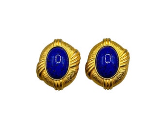 Donald Stannard Signed Big Statement Earrings Gold Tone Blue Lapis Lazuli Glass