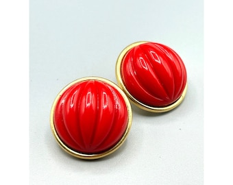 Vintage 80s Trifari Studs Earrings Red Plastic Gold Tone Setting Pierced Round