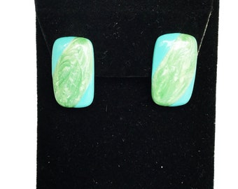 Retro Vintage Earrings Green & Teal Enamel Geometric Rectangle Pierced Earrings