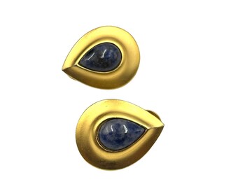 Vintage Signed Teardrop Clip On Earrings Genuine Stone Cabochons Matte Gold Tone