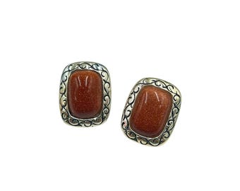 Vintage Goldstone & Sterling Silver Stud Earrings Pierced Retangular Studs