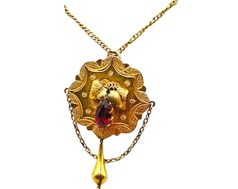 Antique Victorian Gold Filled Necklace With Ornate Pendant And  Drop Chain Design