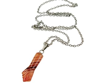 Vintage Striped Agate Mano Figa Pendant Necklace Genuine Stone Silver Tone Chain