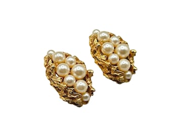 Vintage Napier Gold Tone Clip On Earrings with Faux Pearls Cluster
