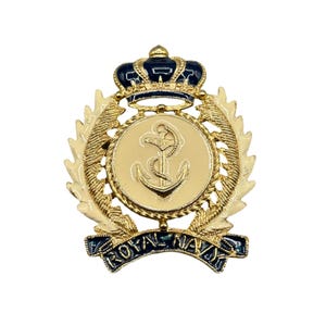 Vintage Royal Navy Enamel Pin Crown Brooch Badge Signed CRAFT Gold Tone 2.5&quot;
