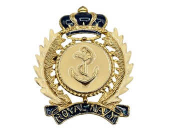 Vintage Royal Navy Enamel Pin Crown Brooch Badge Signed CRAFT Gold Tone 2.5"