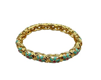 NOLAN MILLER Hinged Bangle Bracelet Gold Tone and Turquoise Enamel Flowers