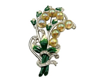 Vintage 1940s Brooch Older Jewelry Pot Metal Statement Pin Enamel & Rhinestones