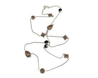 Long Sterling Silver Station Necklace Spaced Ornate Floral Faceted Black Stones