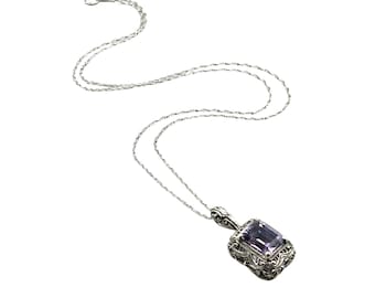 Amethyst Necklace Sterling Silver Filigree Setting Chain Art Deco Revival
