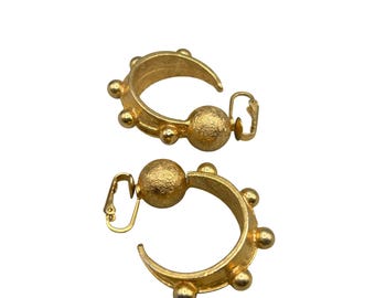Vintage Studded Hoops Earrings Textured Gold Tone Large Statement Earrings
