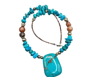 Handcrafted Turquoise Beaded Necklace With Large Stone Pendant