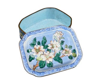 Vintage Cloisonne Box Jewelry Trinket Box Blue Base Dogwood Flowers Design