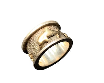 Dolphin Ring Wide 14k Gold 925 Sterling Wide Band Size 8.75 Textured Chunky Ring