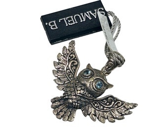 Samuel B. Owl Pendant Sterling Silver Blue Topaz Eyes Detailed Bird Pendant