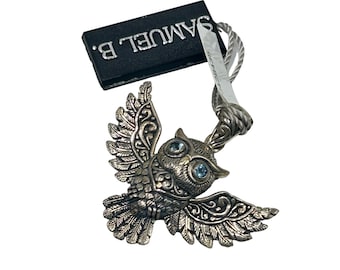 Samuel B. Owl Pendant Sterling Silver Blue Topaz Eyes Detailed Bird Pendant