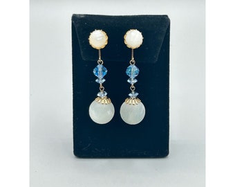Vintage Signed VENDOME Blue Dangle Earrings Clip On with Frosted Lucite Beads
