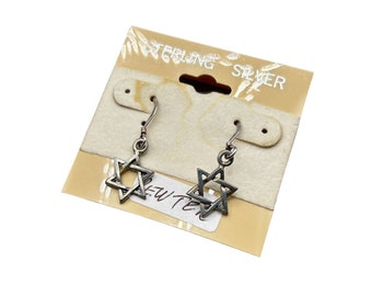 Vintage Star of David Dangles Earrings Pewter Charms with Sterling Silver Hooks