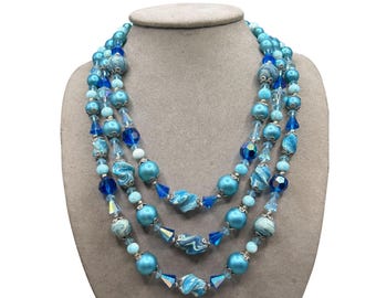 Signed VENDOME  Blue Triple Strand Beaded Necklace Swirled Beads Silver Tone Clasp