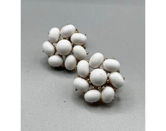 Vintage Clip On Earrings Signed Trifari White Cabochons Flowers Dainty Clips