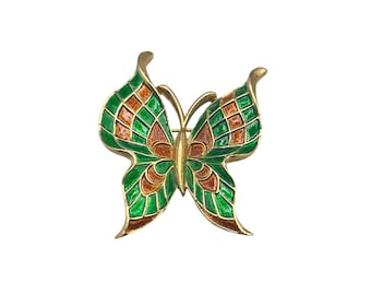 Vintage Trifari Butterfly Brooch Brown Green Enamel Wings Over Gold Tone Metal