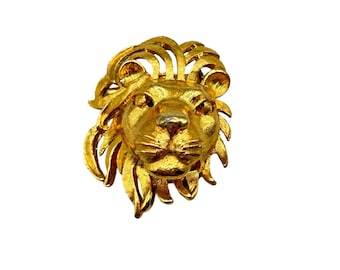 Vintage Lion's Head Pin Brooch Scarf Clip Gold Tone 3D Design Animal Figural