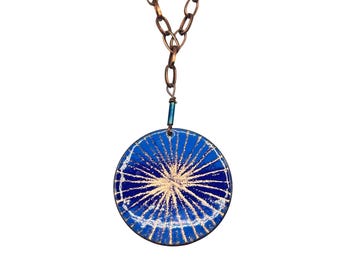 Vintage Enamel Over Copper Pendant Necklace Blue And Copper Medallion Sunburst
