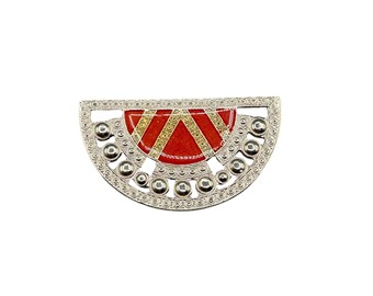 Art Deco Inspired Vintage Brooch Red Enamel Silver Tone Semi Circle Pin