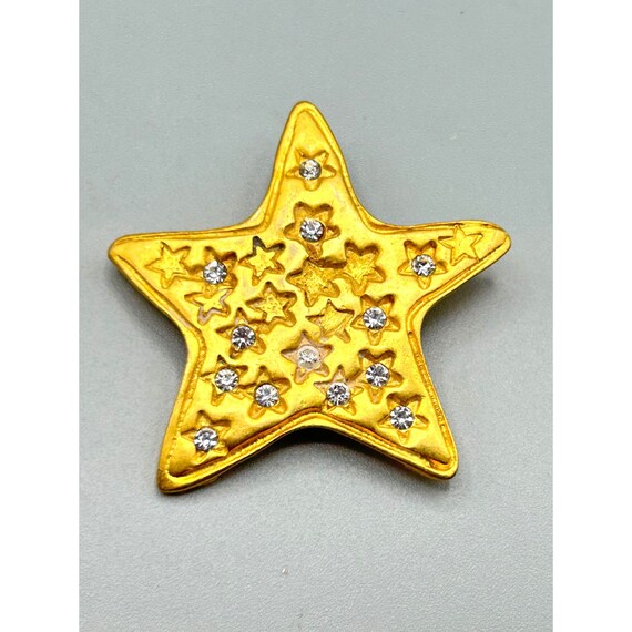 Vintage Matte Gold Tone Star Brooch Rhinestones A… - image 5