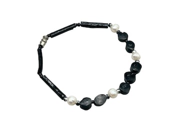 Black Coral Bracelet With Genuine Cultivated Pearls Beaded Simple 7" long