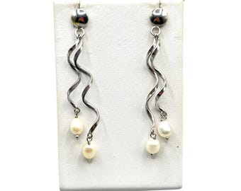 Pearls Earrings Sterling Silver 925 Drops Long Twirled Dangles With Genuine Freshwater Pearls