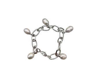 Vintage Silver Tone Chain Bracelet with Genuine Pearl Charms Link Bracelet
