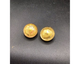 Vintage Art Glass Clip On Earrings Gold Tone Round Domed Crystal Glass Jewelry