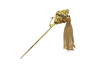 Hair Pin Style Pin Brooch Gold Tone with Dangling Chains and Clear Rhinestones