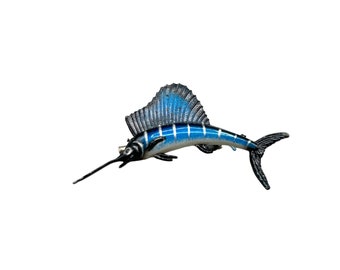 Vintage Blue Sailfish Plastic Pin Brooch Tri-state Fish Animal Figural Jewelry