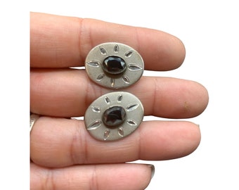 Mr. X Sterling Silver Cufflinks Oval Shape with Hematite Black Stone Marked