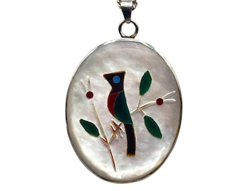 Vintage Bird Pendant Necklace Mother Of Pearl Inlay Colorful Stones Silver Tone