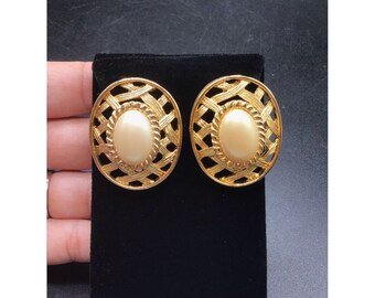 Classic Clip On Earrings Pearl Cabochons & Textured Gold Tone Oval Shaped Clips